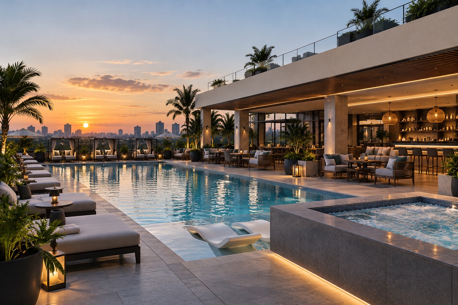 Klagon Hills, rooftop pool and lounge at sunset
